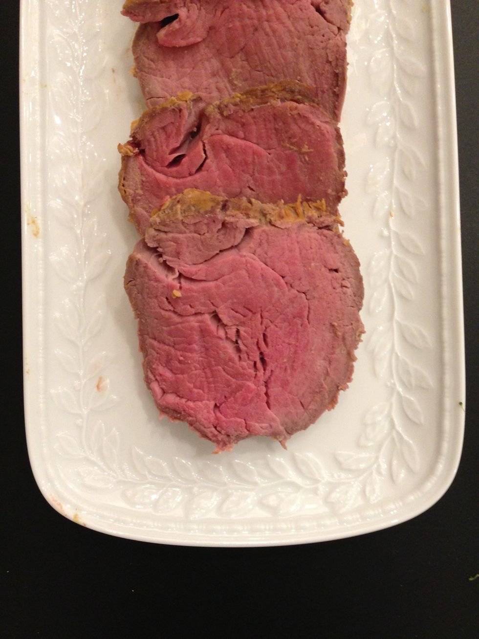 Just delicious for those who like to eat meat. You can make it more cooked or more rare. But the idea is to start with a cold oven and continue on low temp. So heat is evenly diffused