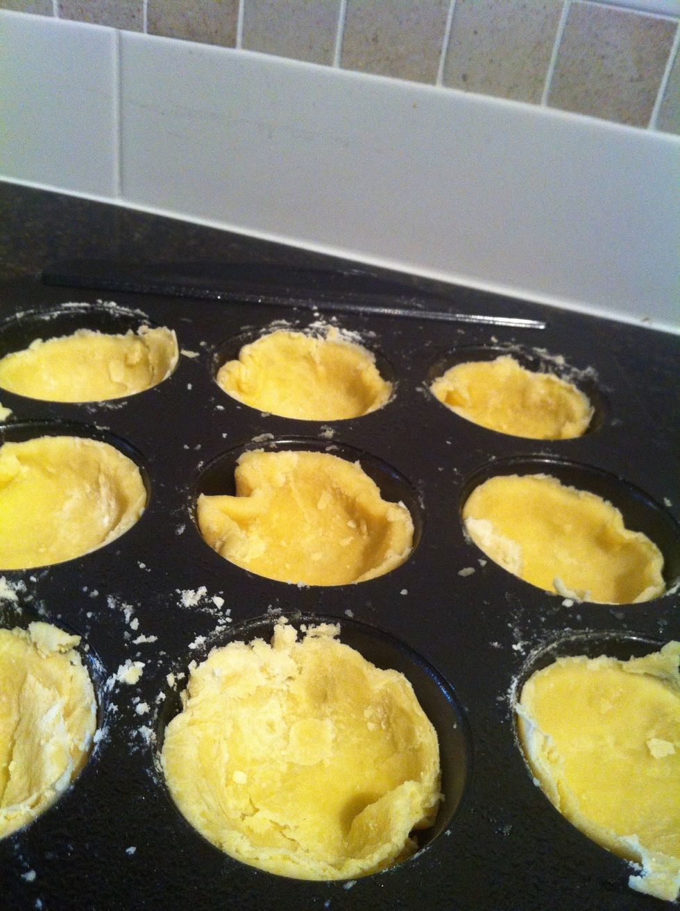 Just find a cup that is big enough to make the shell fit into the muffin tin and press it down. This dough you can gather the access and roll it out again to make enough circles.