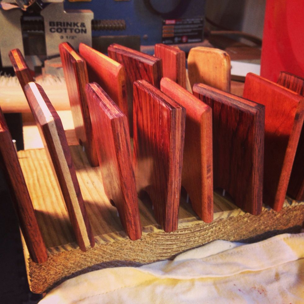 Just finished first order of business card holders from mahogany, bubangi, rosewood.