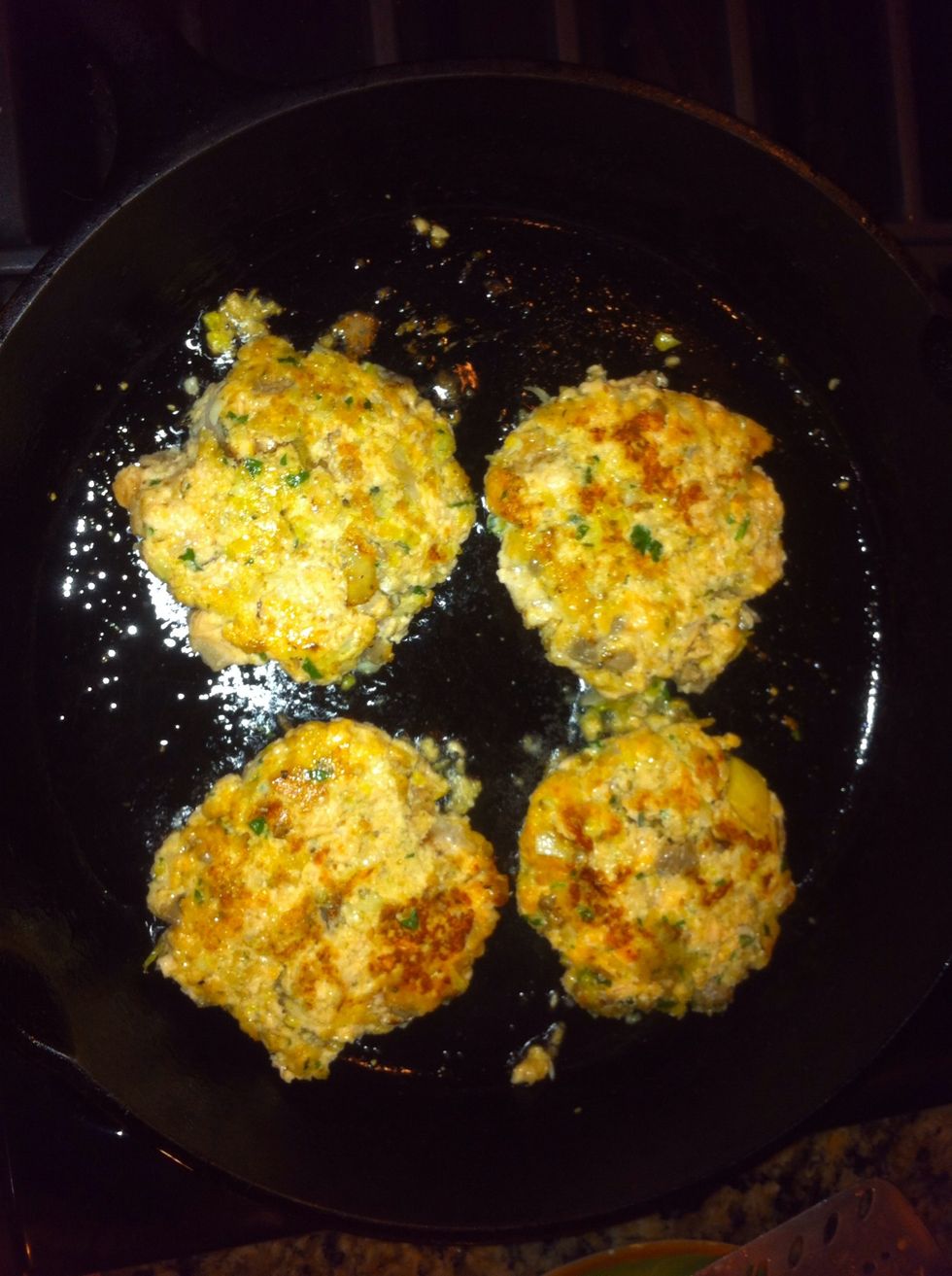 Just long enough to brown them. They should be raw in the middle. Season with salt and pepper.