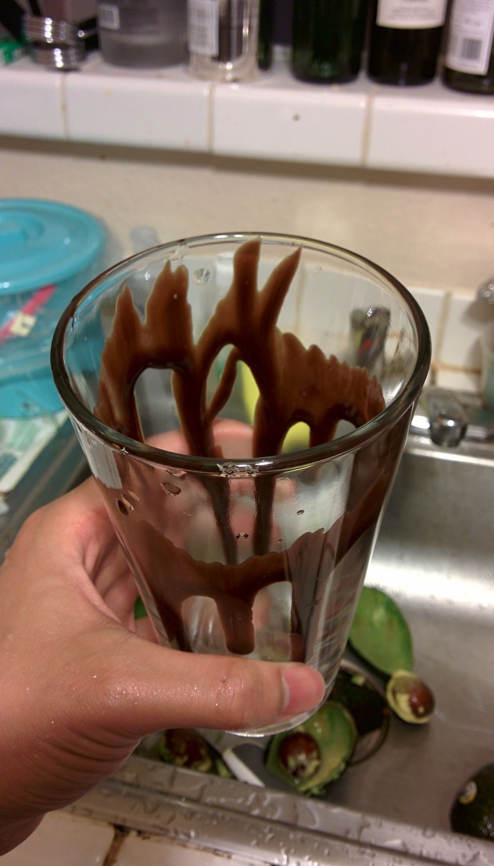 Just smear the glass that you're going to use with some chocolate syrup to make it look good