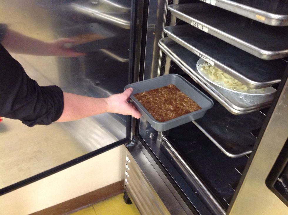 Just the crust part will go in the frdige while you prepare the filling. It has to be chilled so when you spread on the filling it does not mix with it.