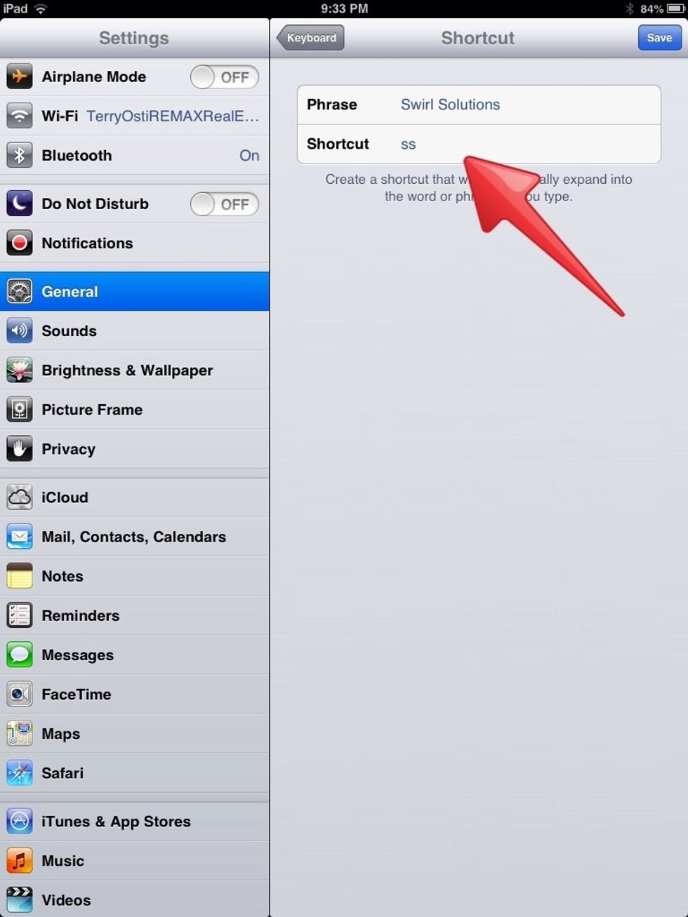 Just type in the short word you want to use in the shortcut field and the word or words in the phrase field.