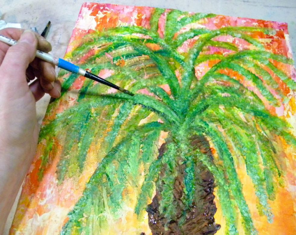 Keep adding layers of green, highlighting the leaves with Limeade and gesso. I changed brushes to different sizes to vary the size of the leaves.