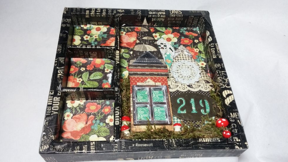 Keep adding layers to the piece. I love these little red mushrooms, so I decided to pepper them throughout the whole collage.