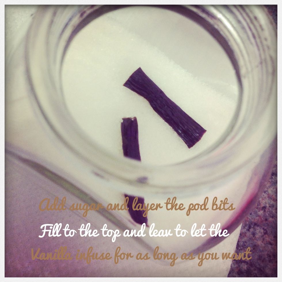 Keep adding sugar and vanilla pod bits until it's full and leave for as long as wanted a few weeks best to get the flavour in.