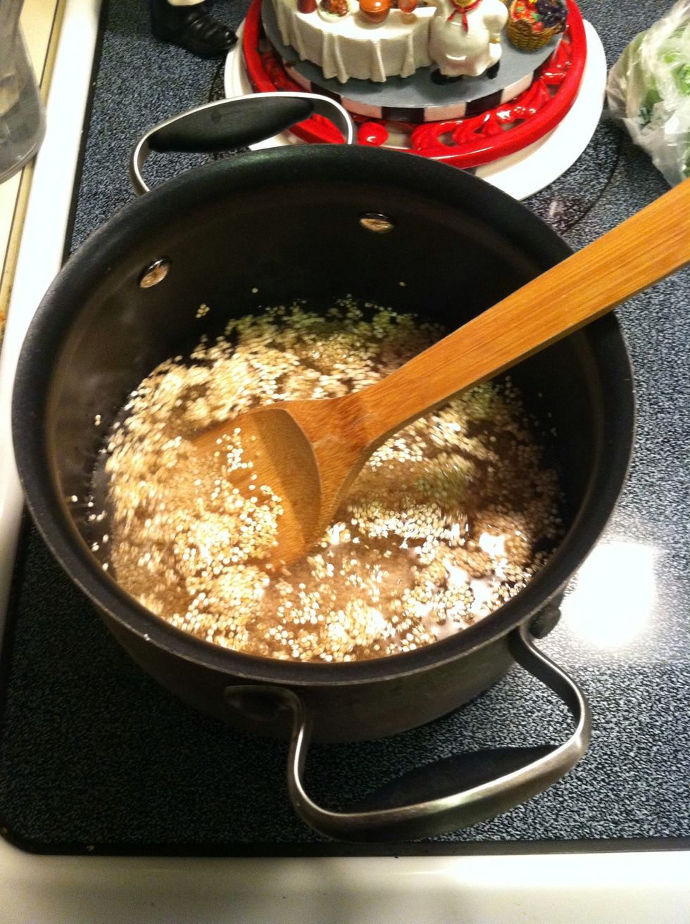 Keep an eye on it and stir a few times while cooking. Make sure you cover the quinoa with a lid and remove lid only to stir. This takes appx. 15-20 minutes. I chop all my ingredients meanwhile.