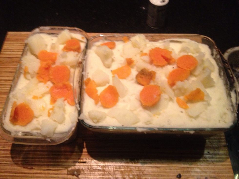 Keep aside some of the boiled potatoes and sweet potato and crumble on top to get that rustic look