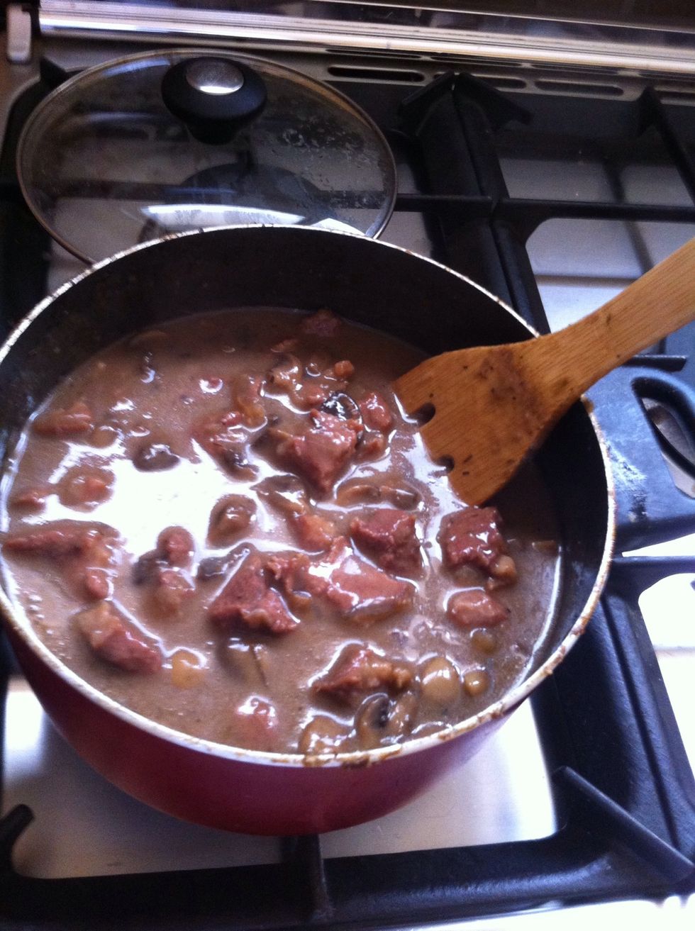 Keep checking it, and after it becomes a bit thick (not that thick) it will be ready for the next step. Put oven on 190 c and take the pan off the stove