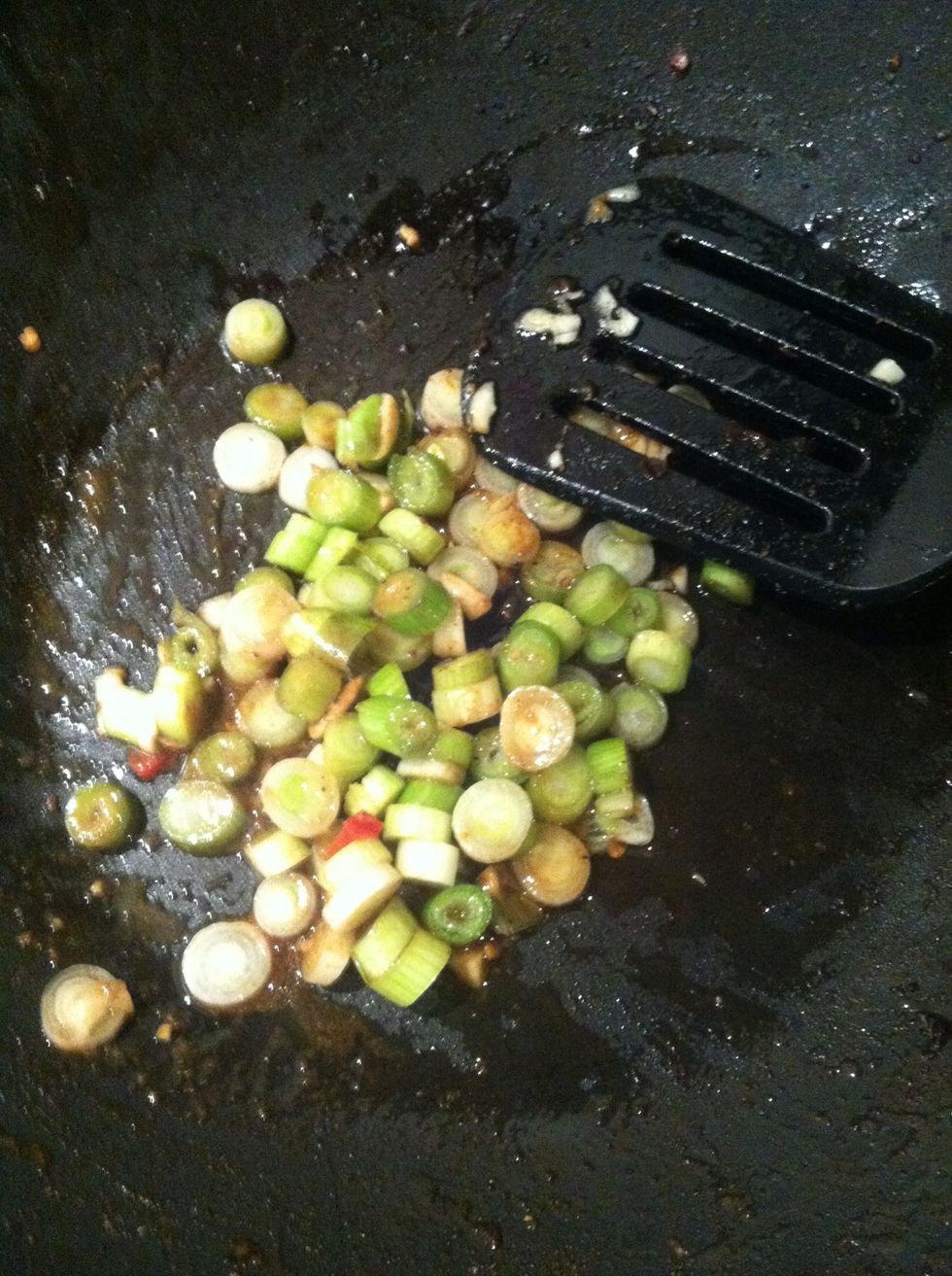 Keep chicken warm and fry onions and garlic and pepper in pan
