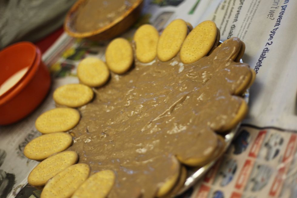 Keep covering each layer of biscuit with custard.