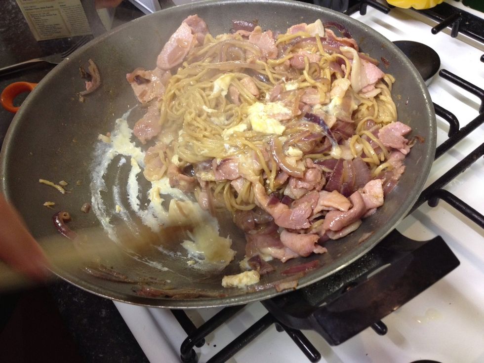 Keep doing so and mix thoroughly until all the egg mixture is used.