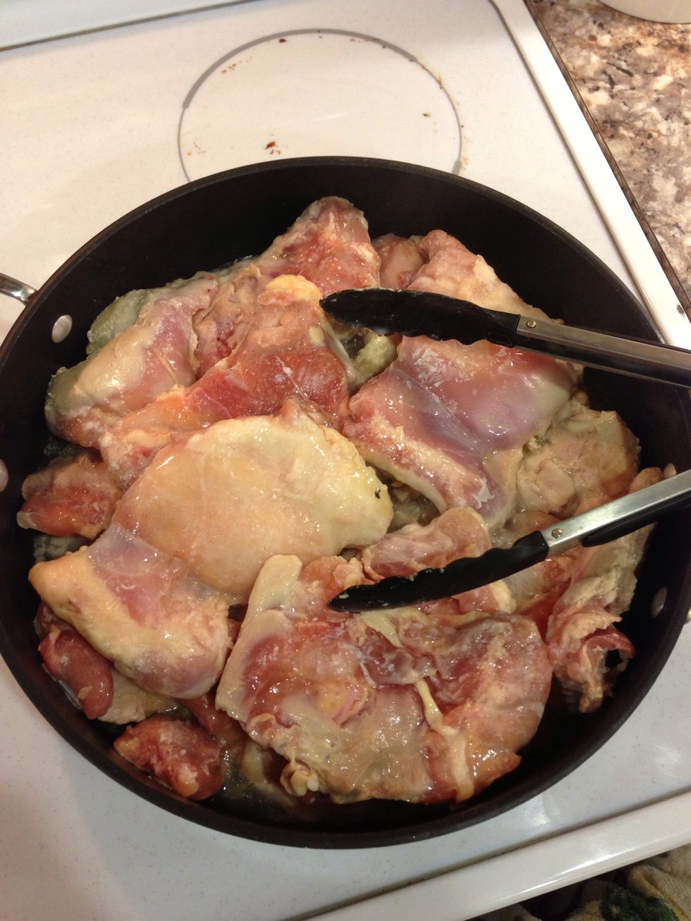 Keep flipping the chicken and replacing the lid so that it cooks evenly