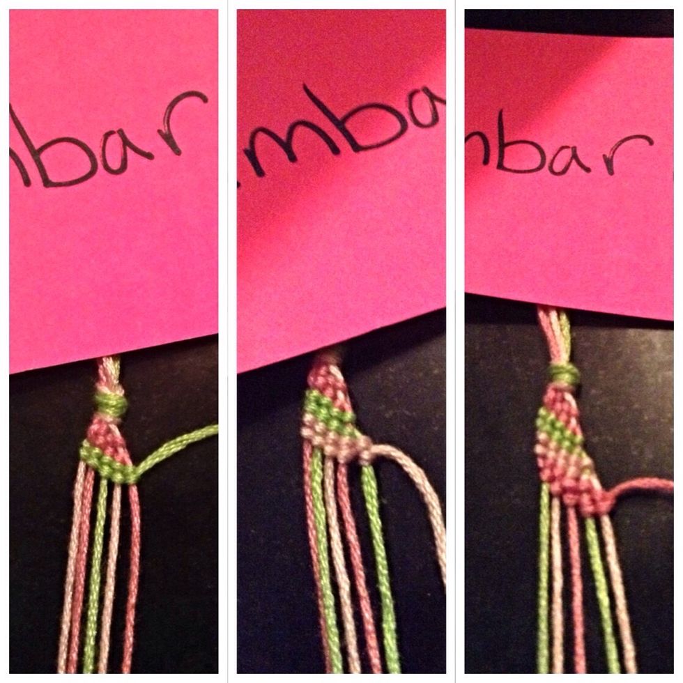 Keep going taking the strand on the left and working to the right, wrapping it around each of the other strands and making two knots. It should be looking like the pictures above.