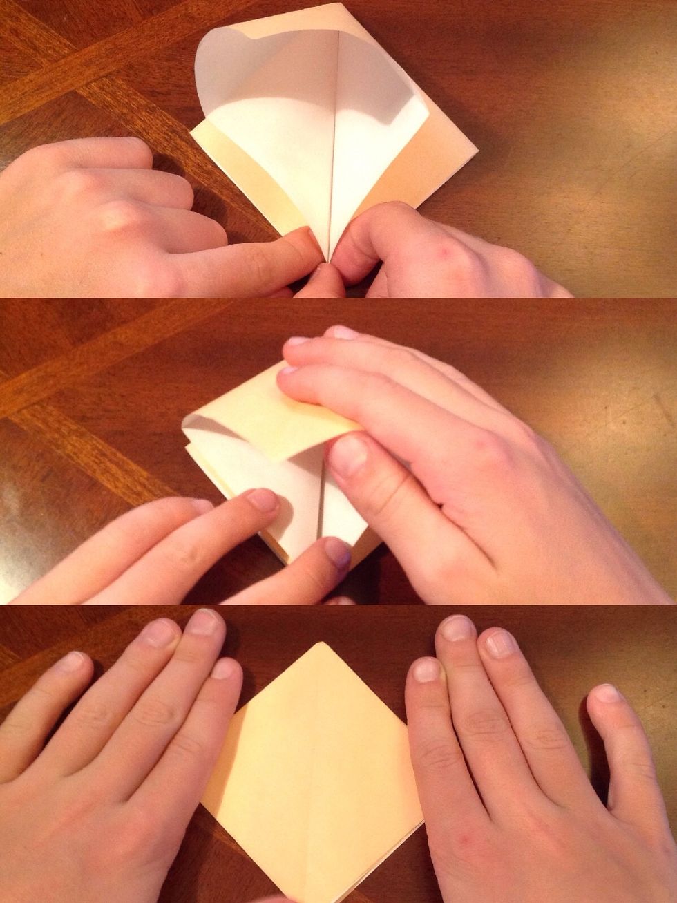 Keep holding the corners down with your left hand. Take your right hand and "squish" the top corner down to the bottom. You should end up with a little square.