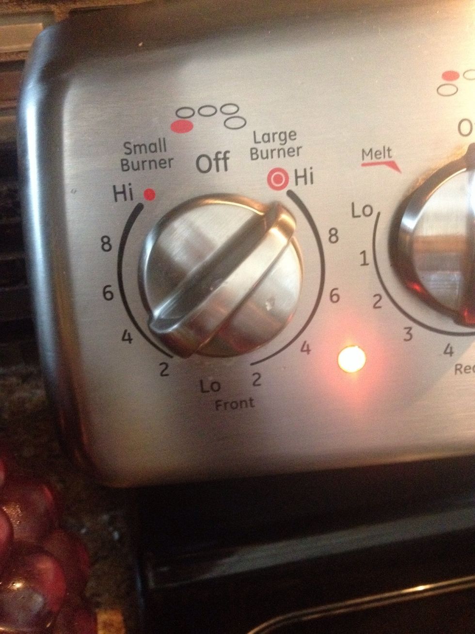 Keep on high heat for about 45 minutes. Turn it down after the chicken is fully cooked.