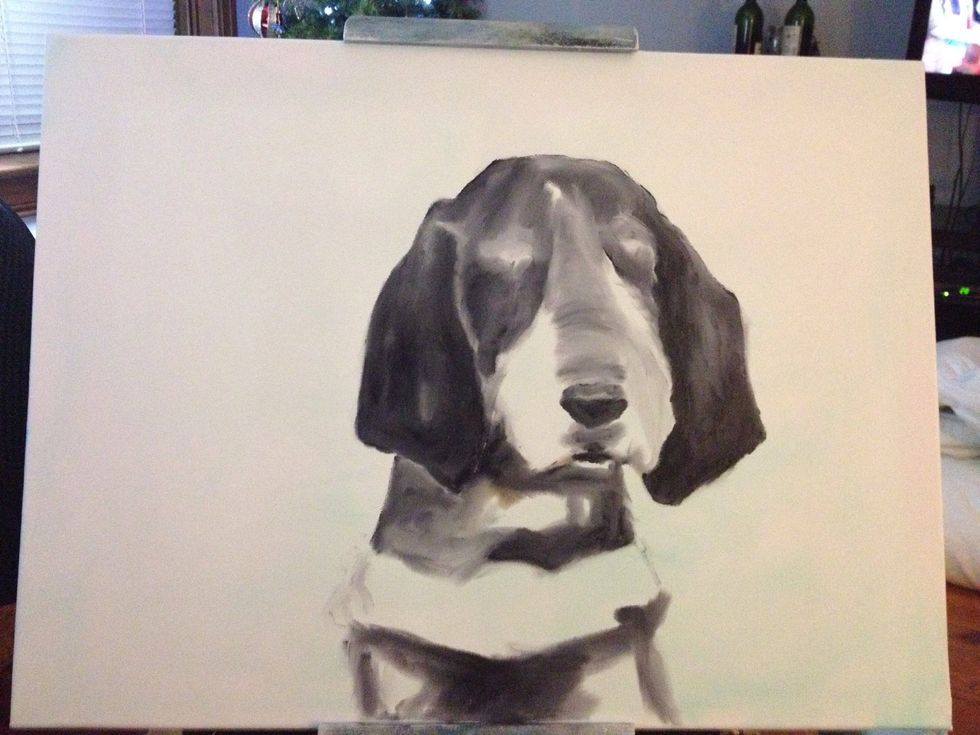 Keep on working the face with the black, following the contour of Smokey's fur and leaving the muzzle white. Also put in the basic shape of his nose.