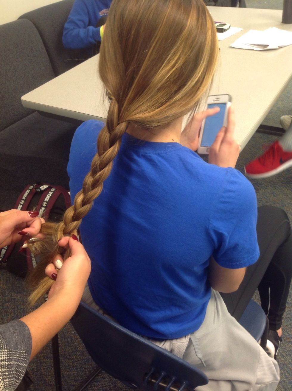 Keep repeating steps 4 and 6 until you get to the end of the hair. If you mess up go back to where the braid looks normal and start from there. You DON'T have to start from the beginning.