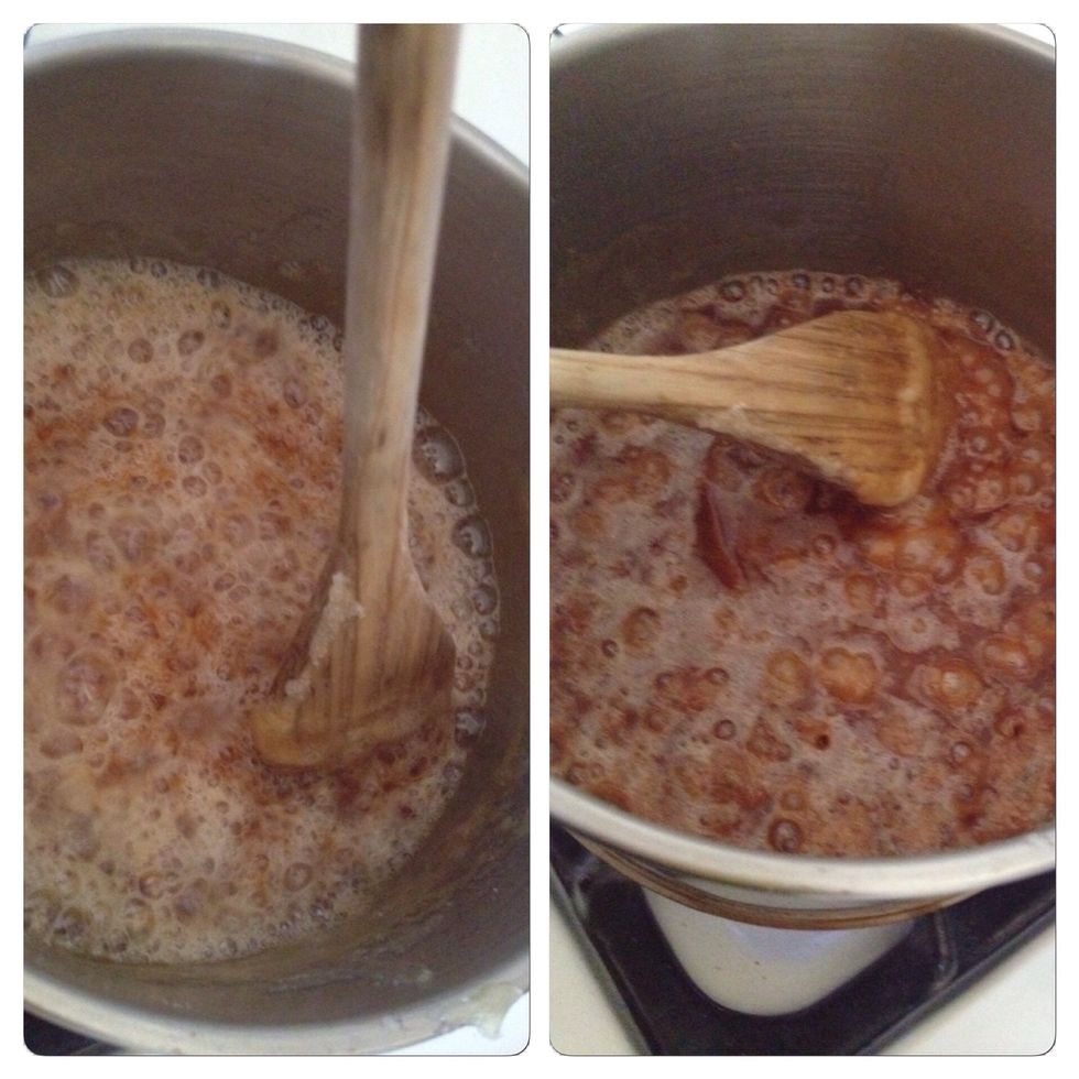 Keep stirring! And be careful - the caramel will bubble rapidly when the butter is added. Keep stirring! For about 2-3 minutes.