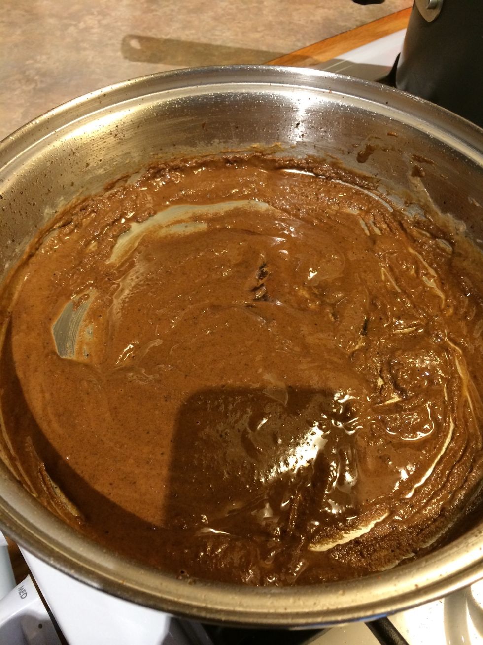 Keep stirring and cooking the roux until dark brown. This will take a few minutes. Also it will start to smell nutty. Remove from heat when brown.