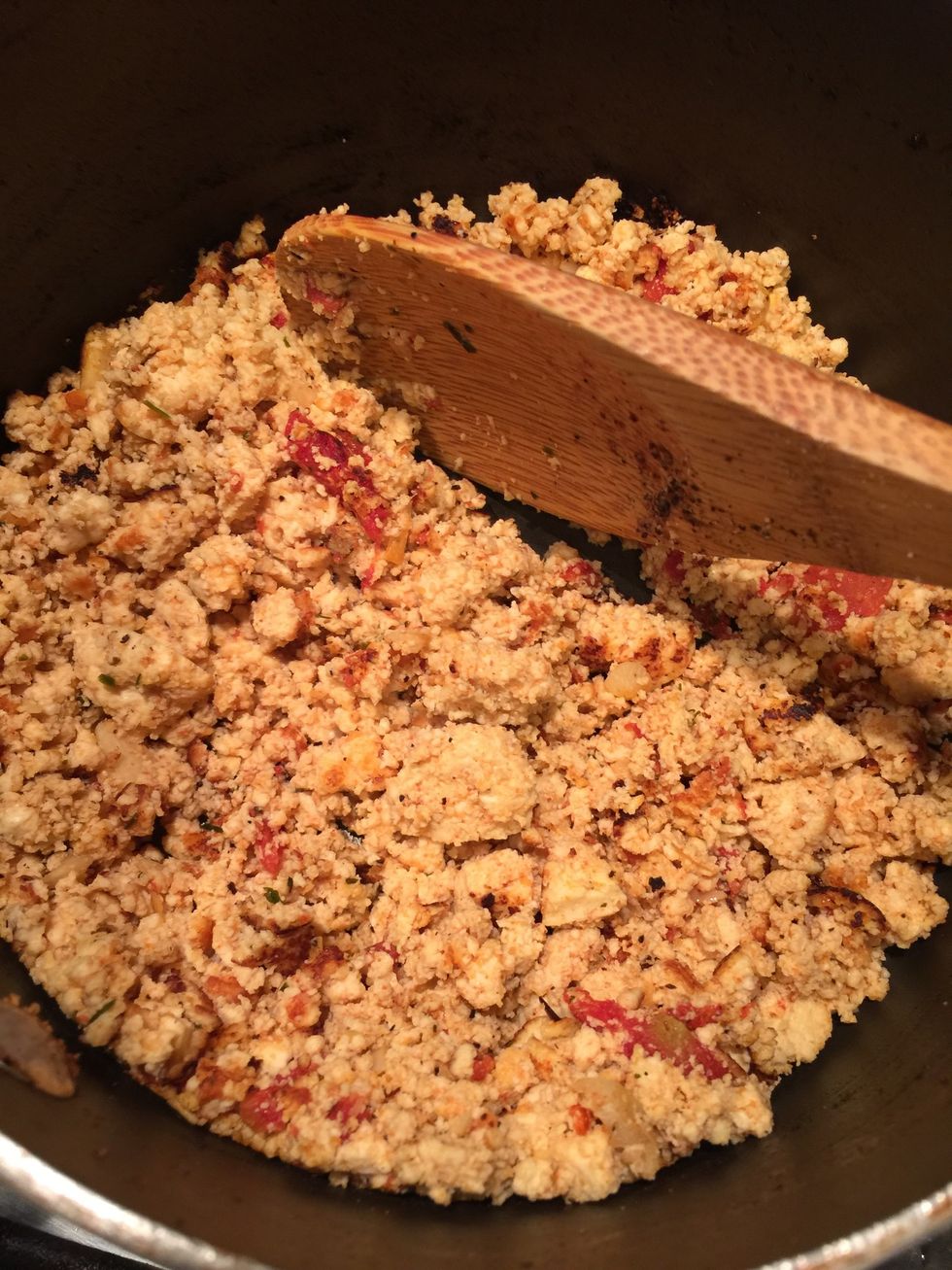 Keep stirring. Raise heat a bit to make slightly crispy.