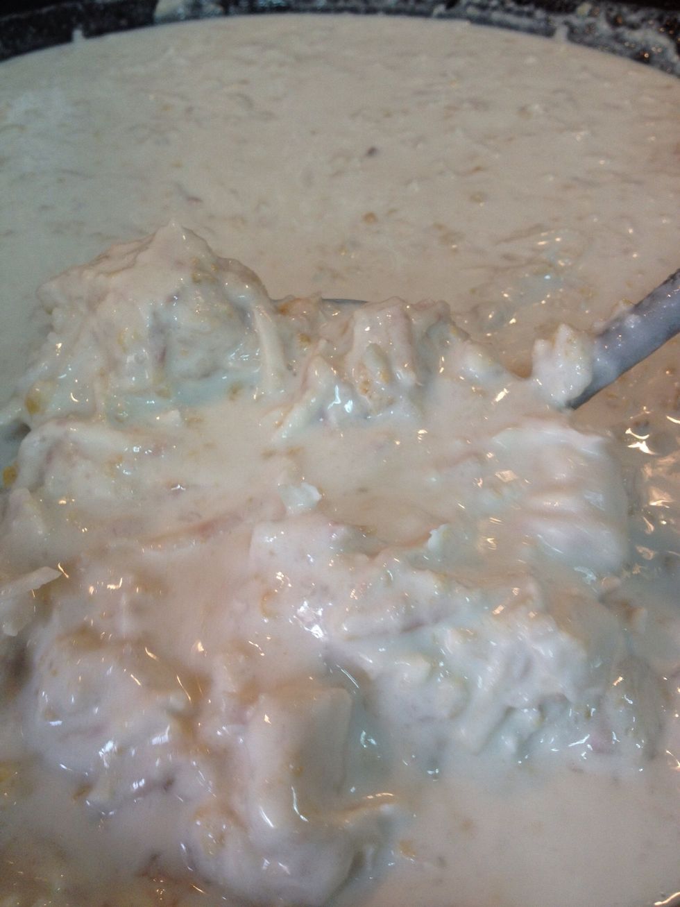 Keep stirring till water evaporates. Mixture thickens and texture becomes creamy (resembles oats).