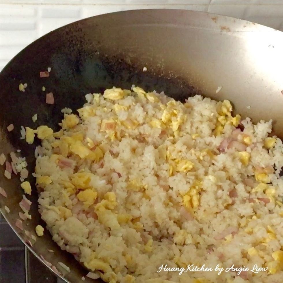 Keep stirring until the rice is evenly cooked and coated with the eggs, about another 2 minutes. You have to constantly turn the rice. Otherwise, the rice will burn.
