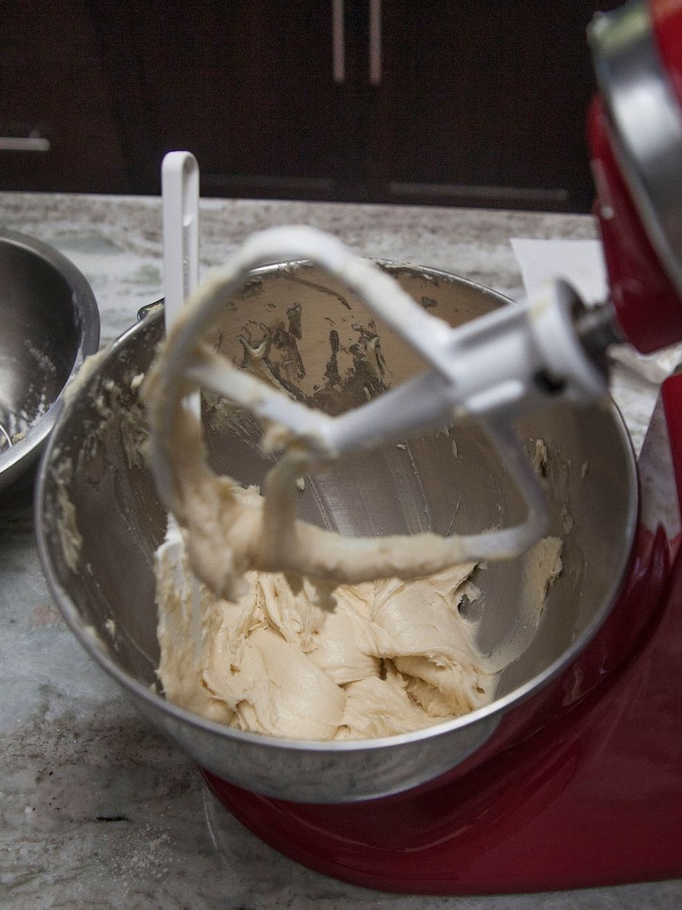 Keep the beater speed on low while doing this. Mix everything together until it's smooth.