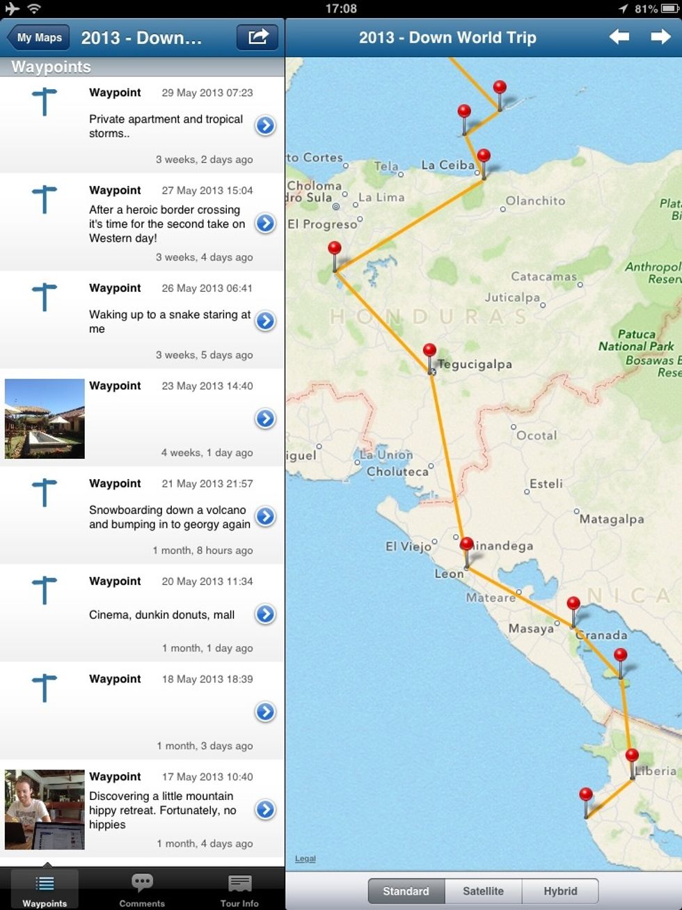 Keep track of your travelling adventures in this gem of an app. Track my Tour is free to try, with a paid upgrade to store more than one map. P.s. checkout my central american travel wooo!