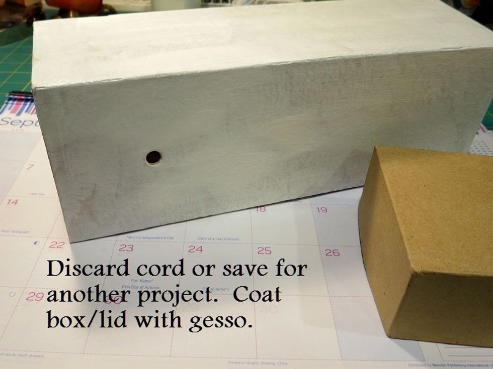 Keep your paintbrush as dry as possible while still getting an even coat of gesso or paint. If it is too wet, the Kraft paper on the box will bubble. It should smooth out again when fully dry.