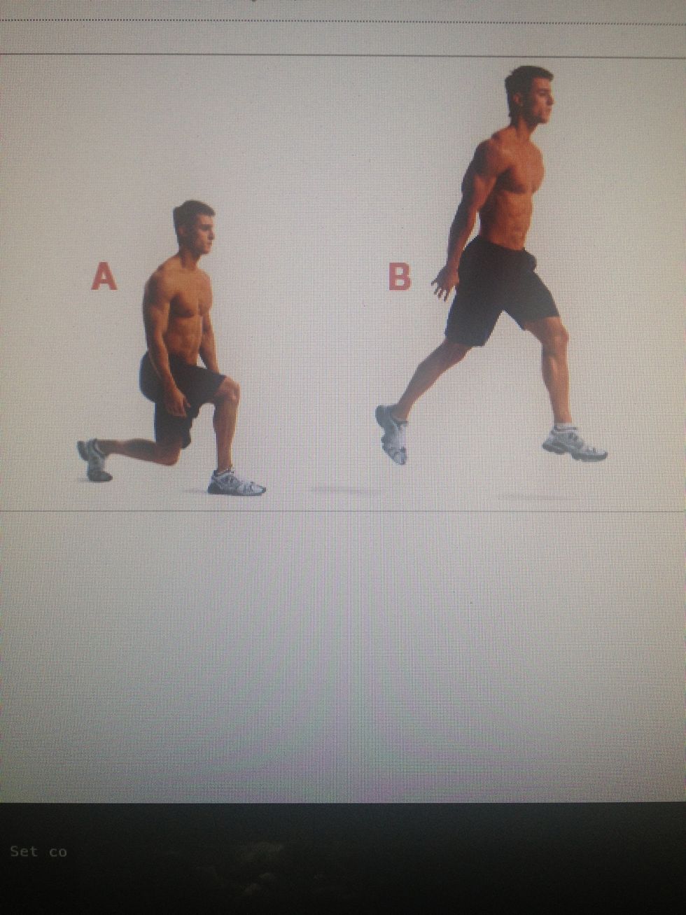 Keeping torso upright, bend knees and lower into a lunge. Now jump, scissor your legs and descend with other leg forward into lunge and repeat.