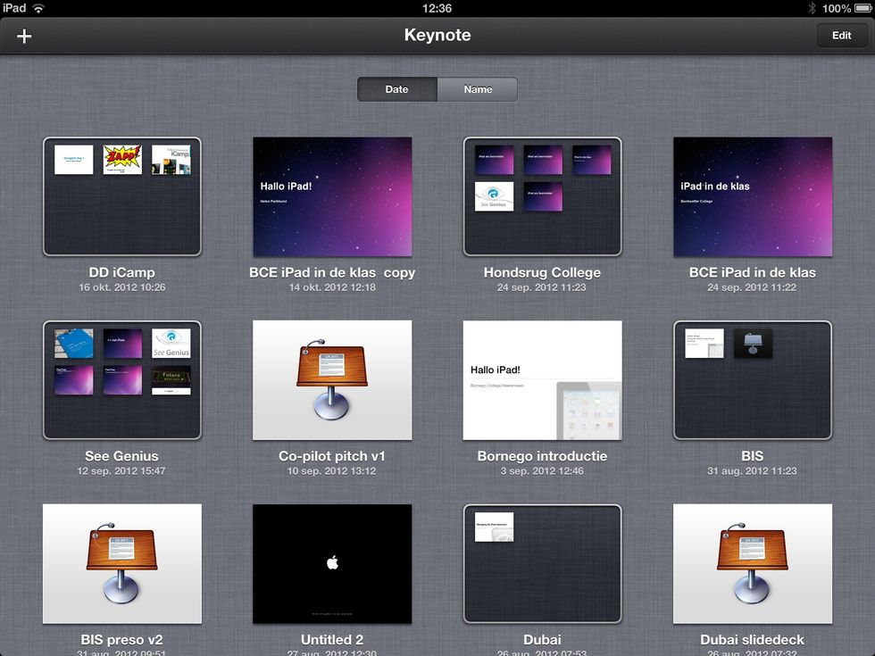 Keynote will open in the last used view. Tap Presentations (top left) to enter the presentations overview (as seen in the picture).