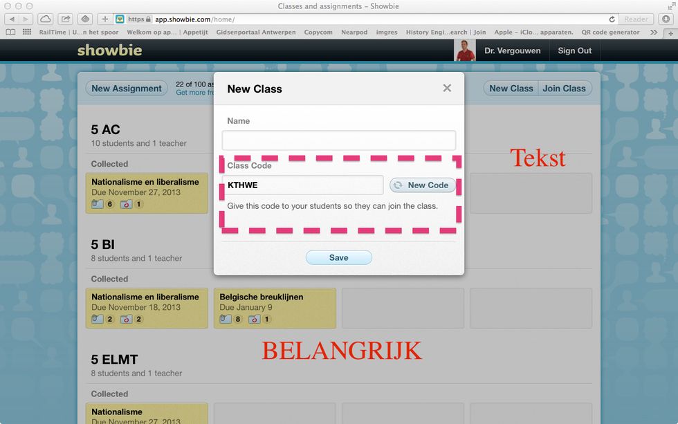 Kies een naam voor je klas/lesgroep. Deze klas is gekoppeld aan bijgevoegde code. Via deze code krijgen lln. later toegang tot de klas.
