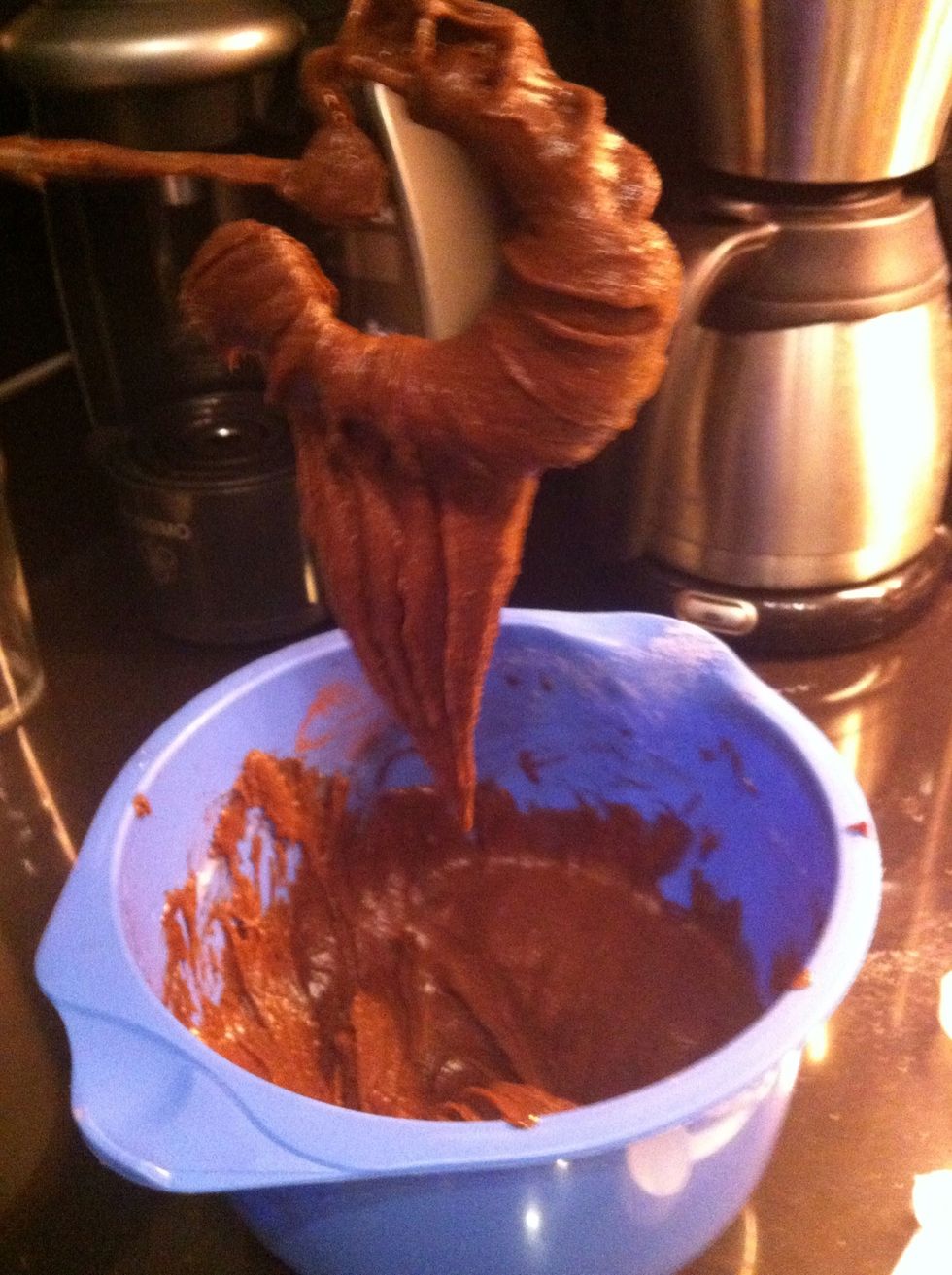 Kinda thick. In to the lower section of the oven for about 10-20 minutes. A kladdkaka is best when its kinda melted inside, so you dont want it like a spongecake