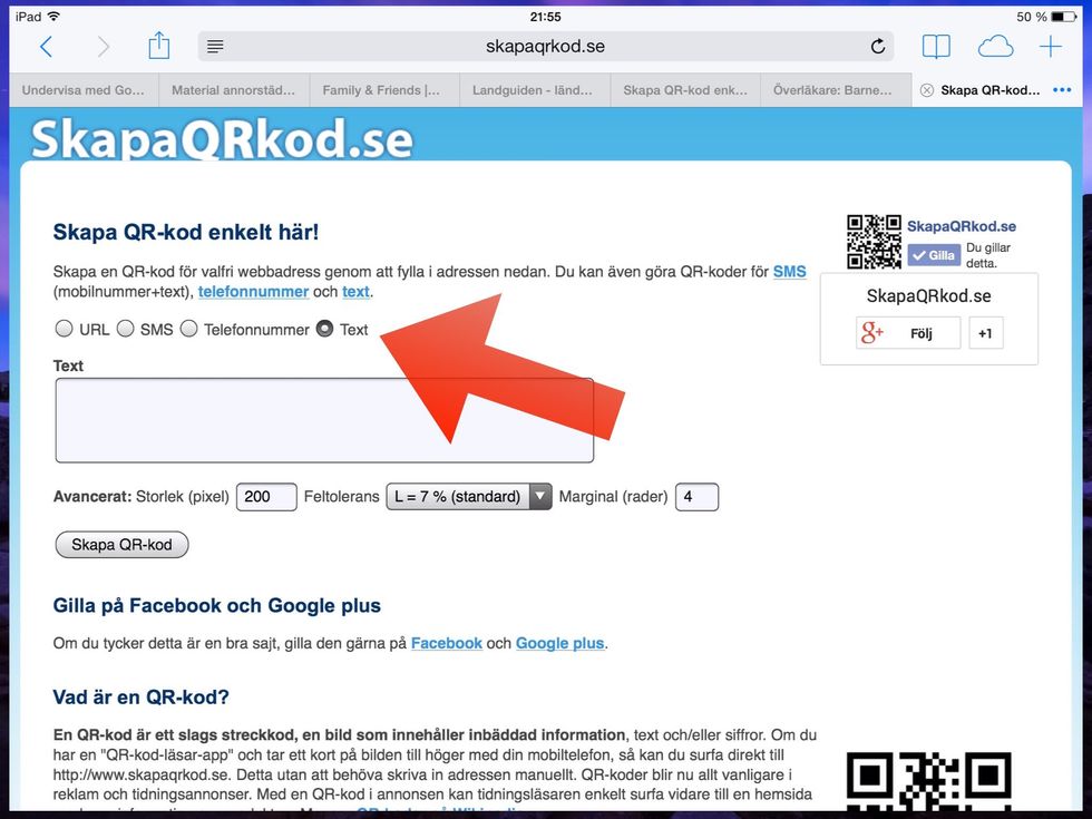Klicka sedan i att du vill skapa en QR kod f\u00f6r text.