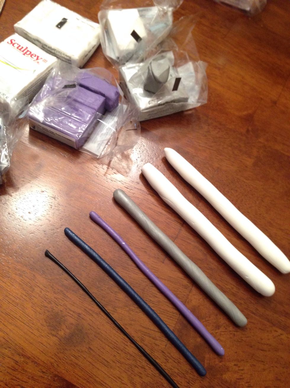 Knead clays for best results before rolling them into 5" pieces. I had two white large rolls, grey medium roll, my colors are smaller, and a extra thin roll of black.