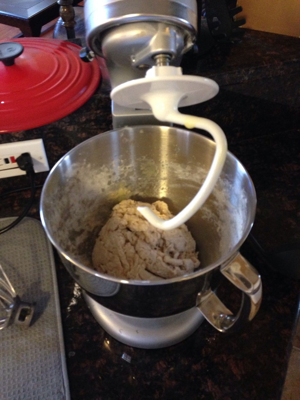 Knead for dough for ten min on a floured surface or 5 min with a bread hook.