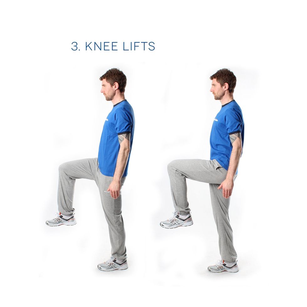 Knee lifts - Now to work the thighs & hips. Stand up straight with your feet together. Lift your knee to hip level and return back down. Do 20 on each leg