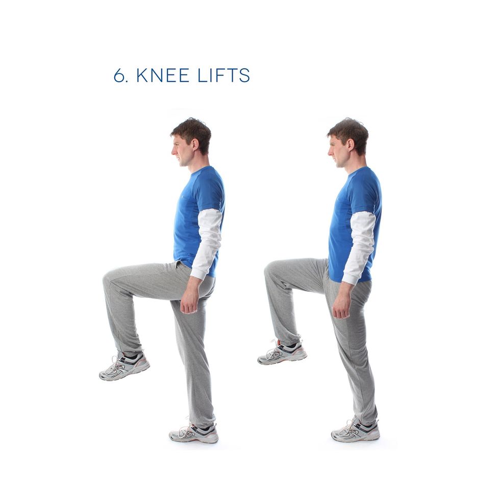 Knee Lifts - these are for your thighs and your hips. Stand up straight with your feet together, lift your knee to hip level and return down. Do 40 on each leg