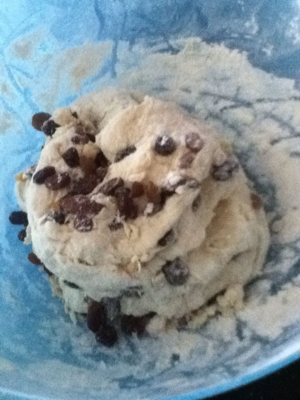 Kneed the dough and add in the raisins ... Make sure to kneed them all the way through
