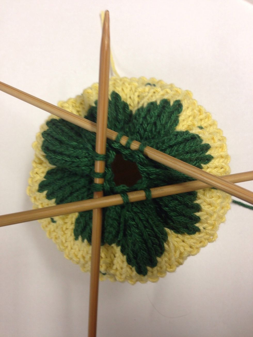 Knit 6 stitches, then knit 2 together all the way around. Next row, knit 5, knit 2 together. Next row, knit 4, knit 2 together. Repeat decreases until 8 stitches remain.