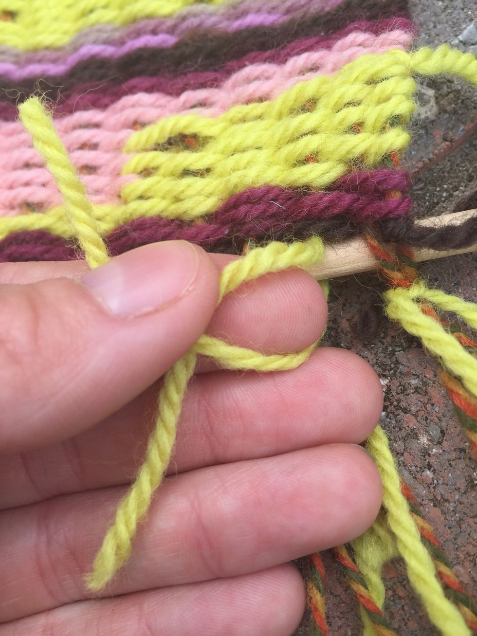 Knot pieces of yarn right onto the knotted warp yarn or directly to the wooden dowel. Continue this over and over again depending how thick you want your fringe. Can be added to the top and bottom.