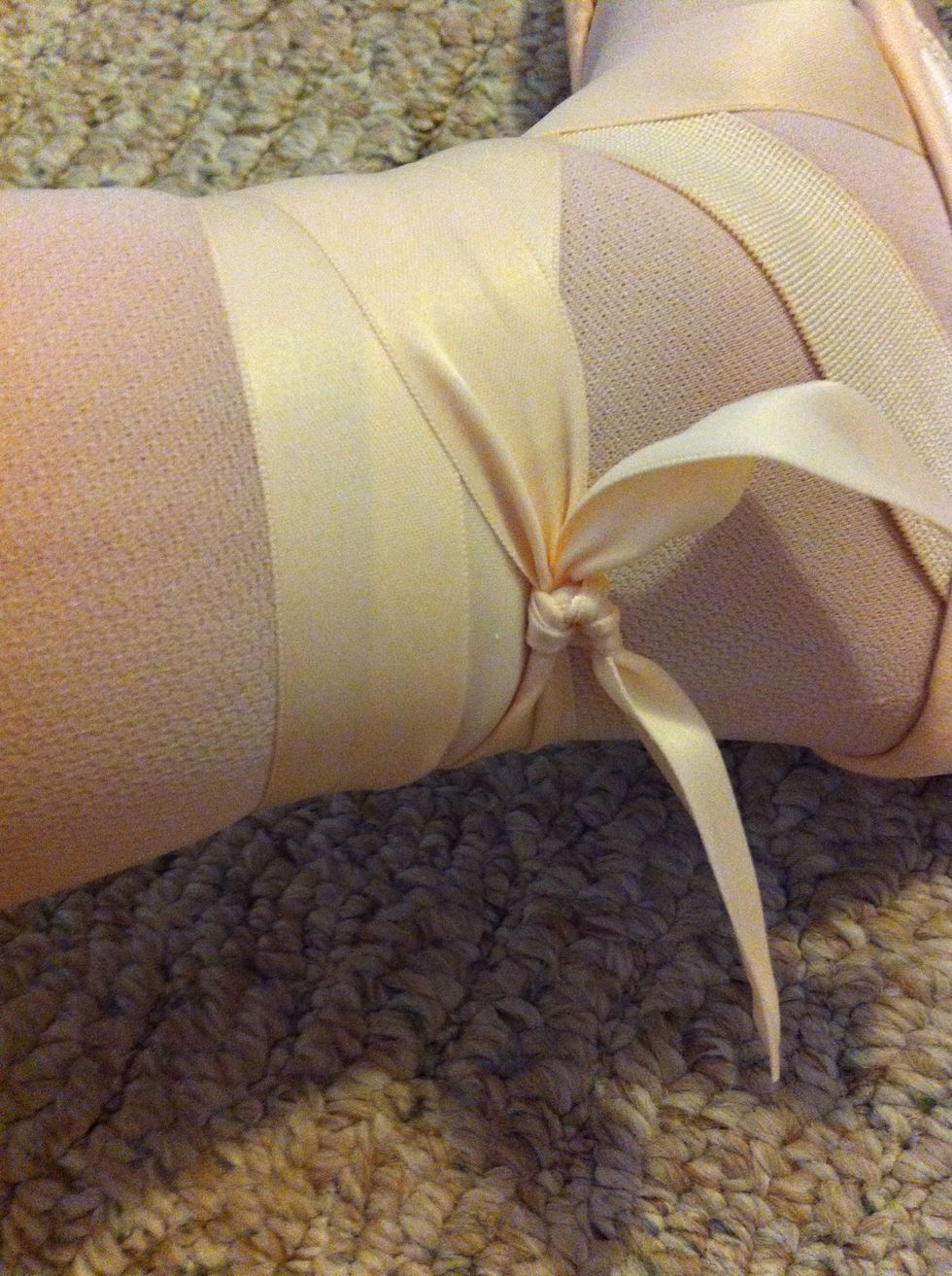 Knot ribbons below ankle in the hollow area. You should be able to feel pressure on your flesh, but not your bone.