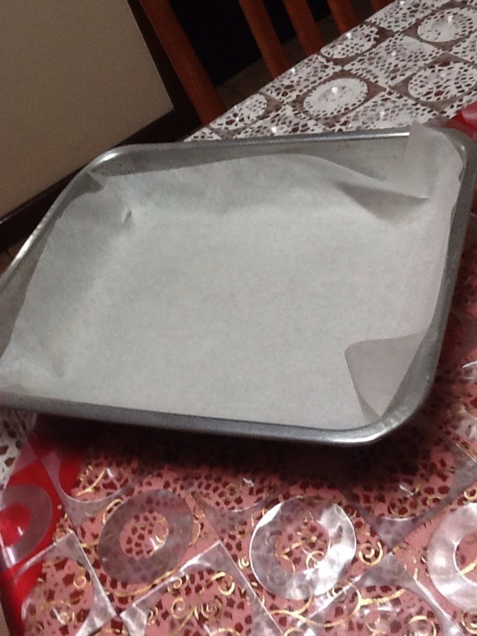 Know you need to add a grease of oil and put baking paper on and make sure that it's hanging over the edge of the long sides of the pan.