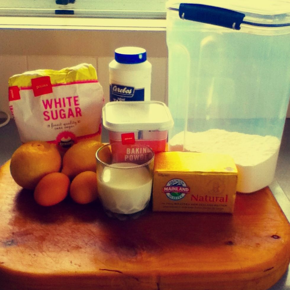 L' ingredients!  NOTE: Preheat oven to 180 degrees. Also No worries if you don't have castor sugar, white sugar is still fine, as you can see I ran out of castor!!