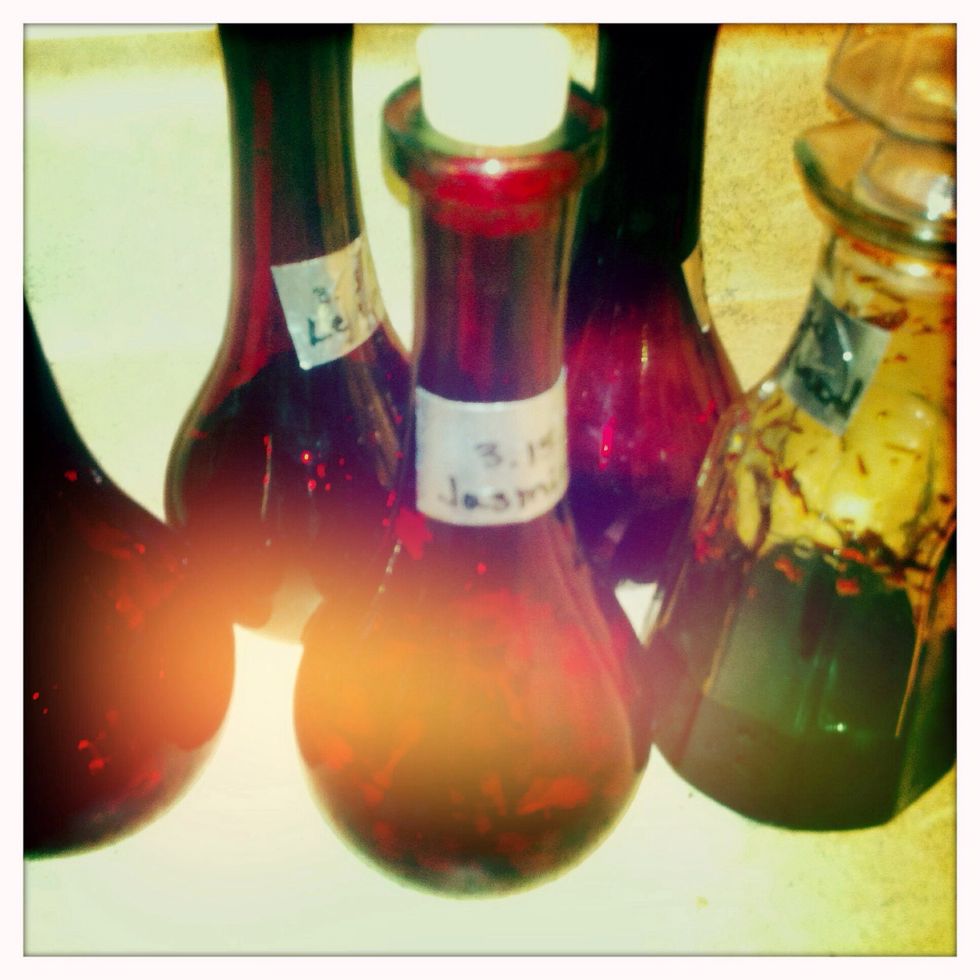 Label all of your glass bottles according to which herb will be tincturing in it. (Please excuse the already full bottles, I forgot to take a picture of all the empty, labeled, glass bottles).