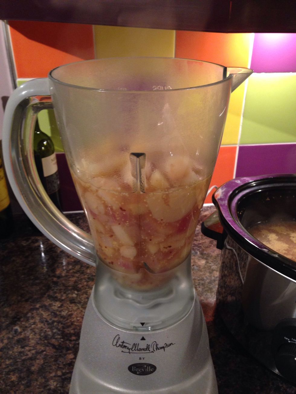 Ladle into a blender (depending on how much food you've made and the size of your blender you may need to do this in three or four batches) and pur\u00e9e.