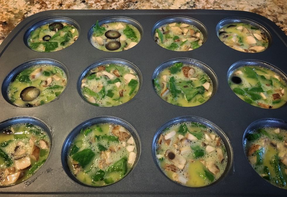 Ladle into muffin pan, pre-sprayed.