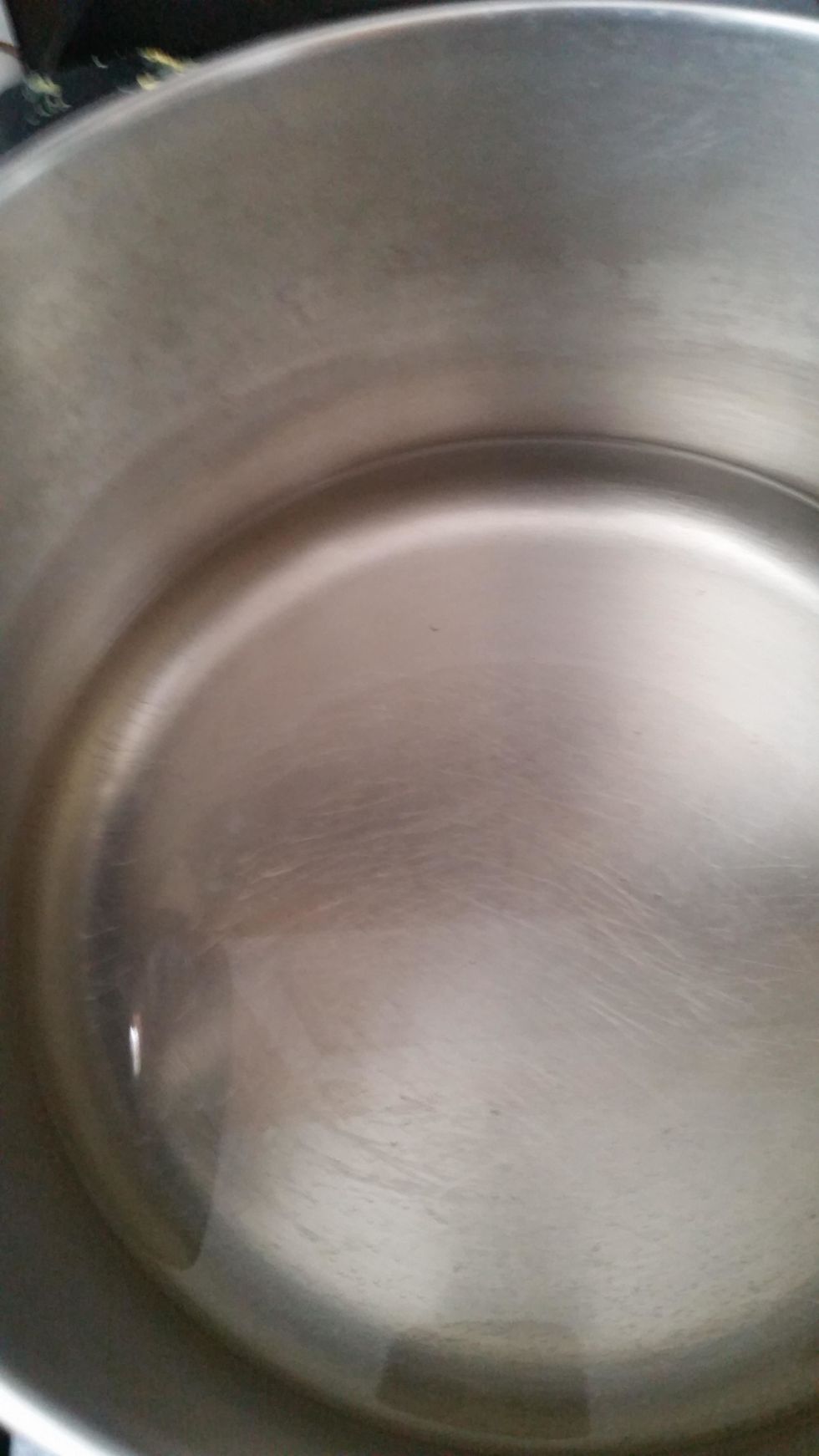 Large stock pot. Water... about 5 cups. Place on stove, turn stove on to med.