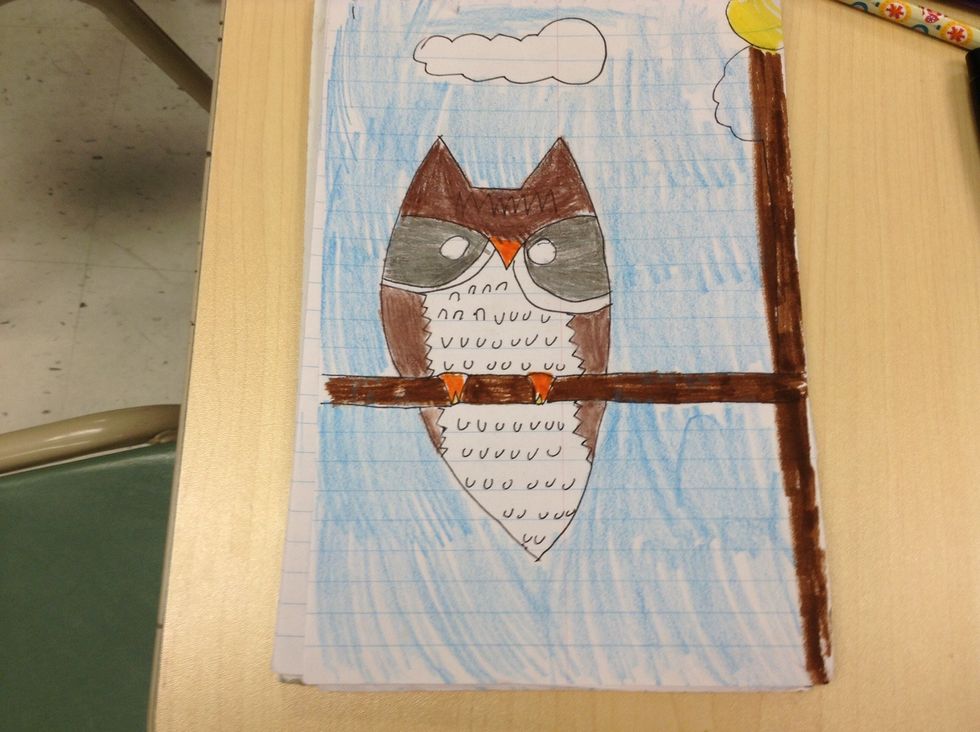 Last,add decorations in the background. Colour in the back round and owl.